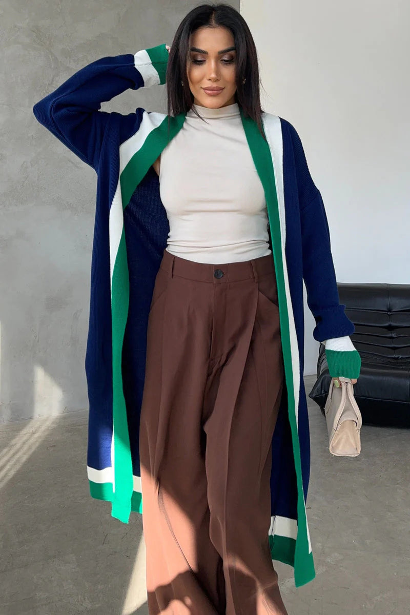 Navy & Green Colour Block Longline Knit Cardigan.
