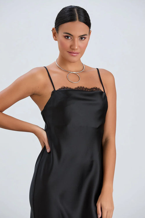 BLACK SATIN CAMI DRESS WITH DELICATE LACE