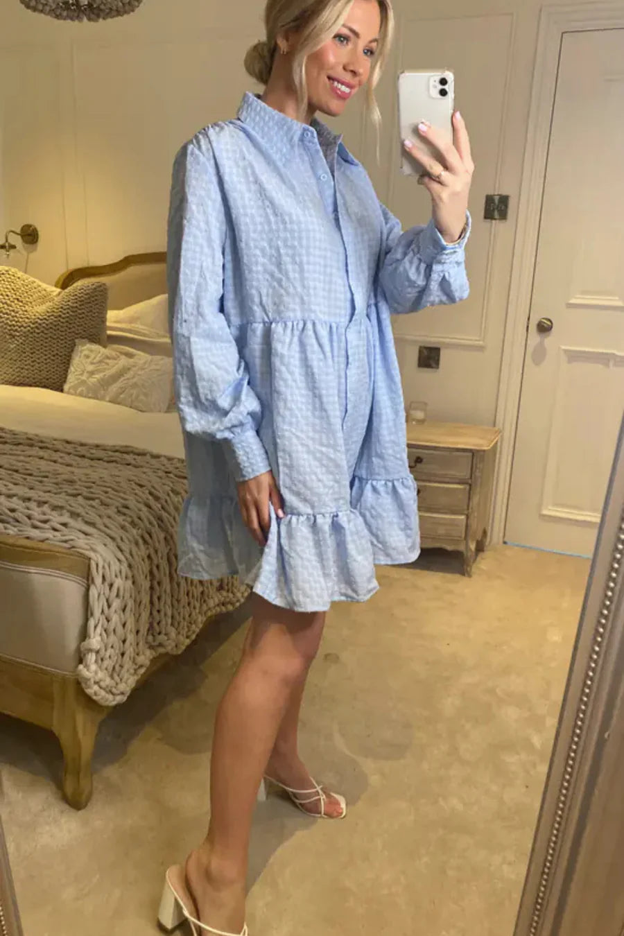Blue Ruffle Hem Shirt Dress