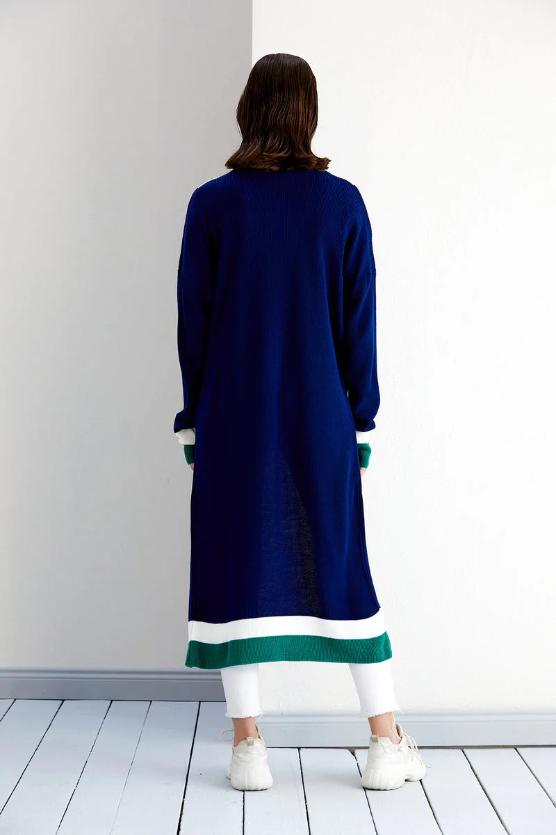 Navy & Green Colour Block Longline Knit Cardigan.