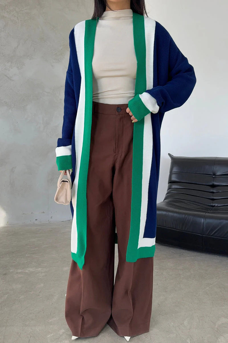 Navy & Green Colour Block Longline Knit Cardigan.