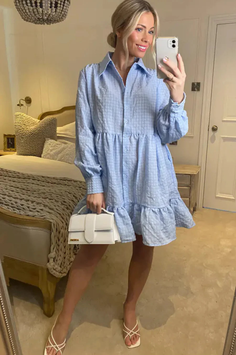 Blue Ruffle Hem Shirt Dress