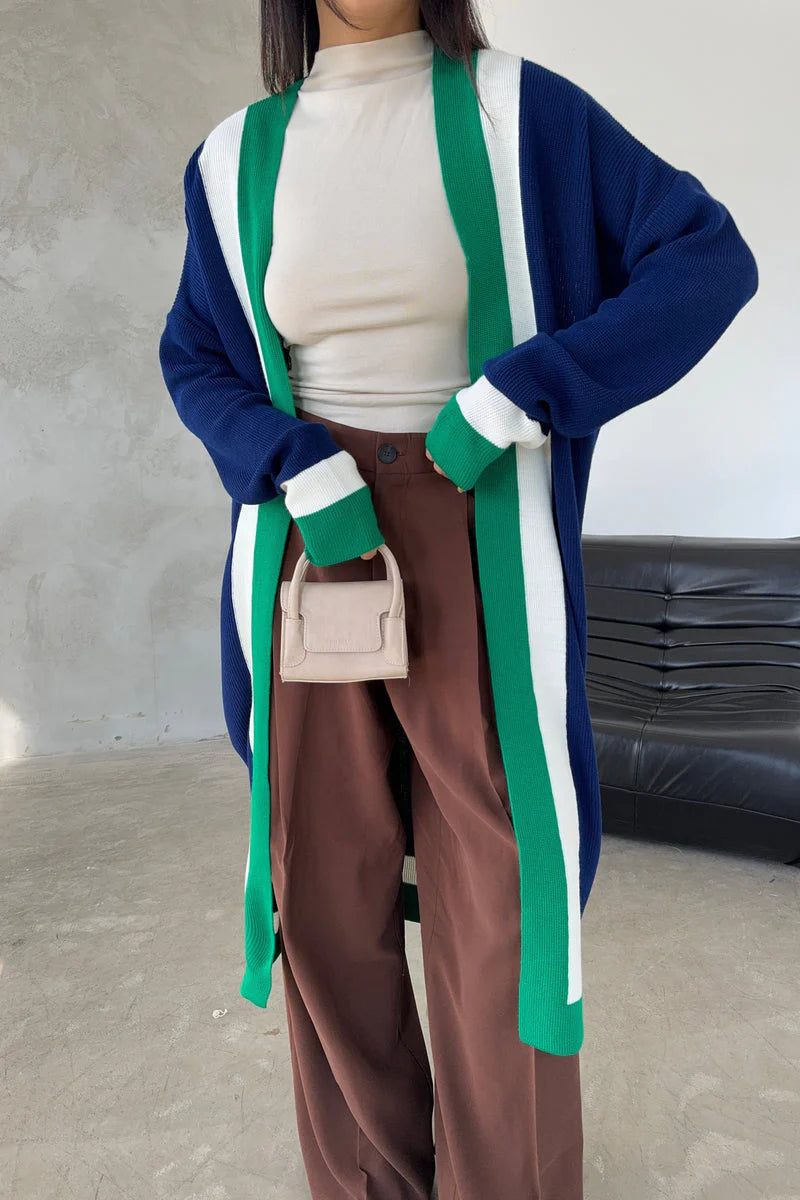 Navy & Green Colour Block Longline Knit Cardigan.