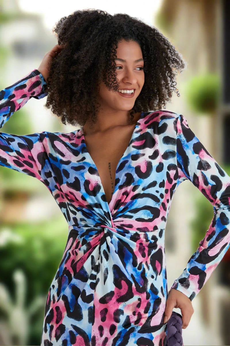 Leopard Print Twist Midi Dress with long sleeves