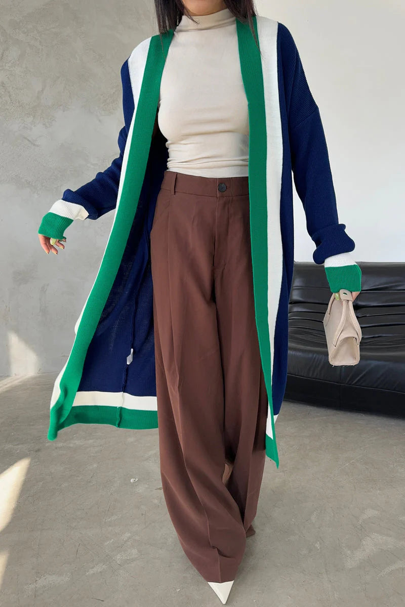 Navy & Green Colour Block Longline Knit Cardigan.