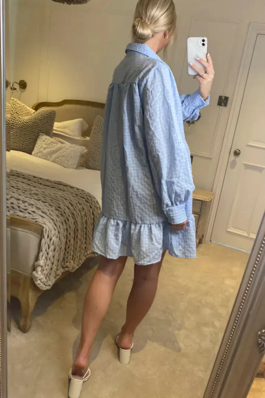 Blue Ruffle Hem Shirt Dress