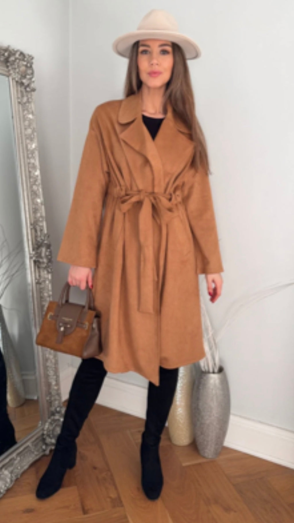 SUEDE WRAP TRENCH COAT IN CAMEL