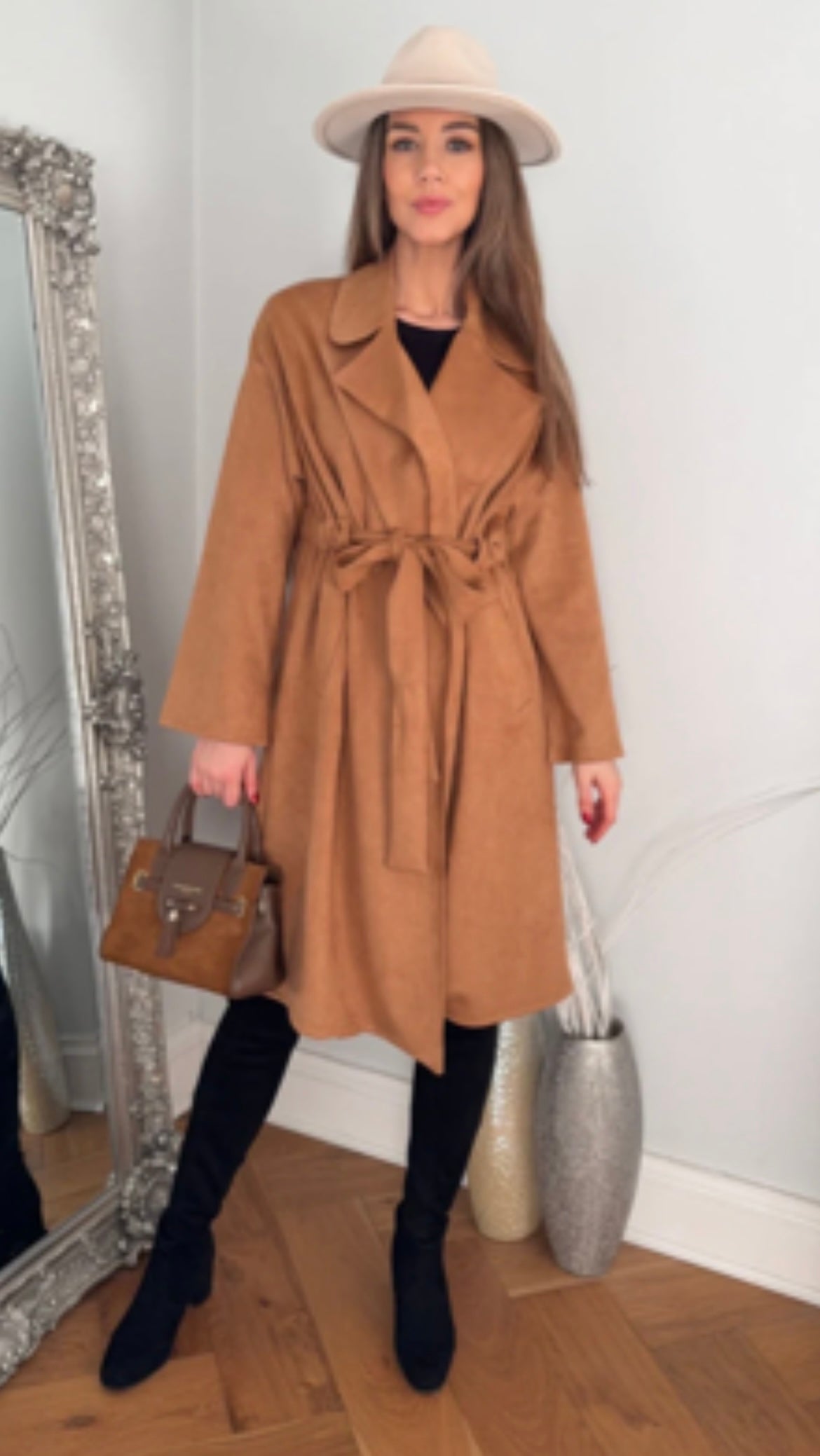 SUEDE WRAP TRENCH COAT IN CAMEL