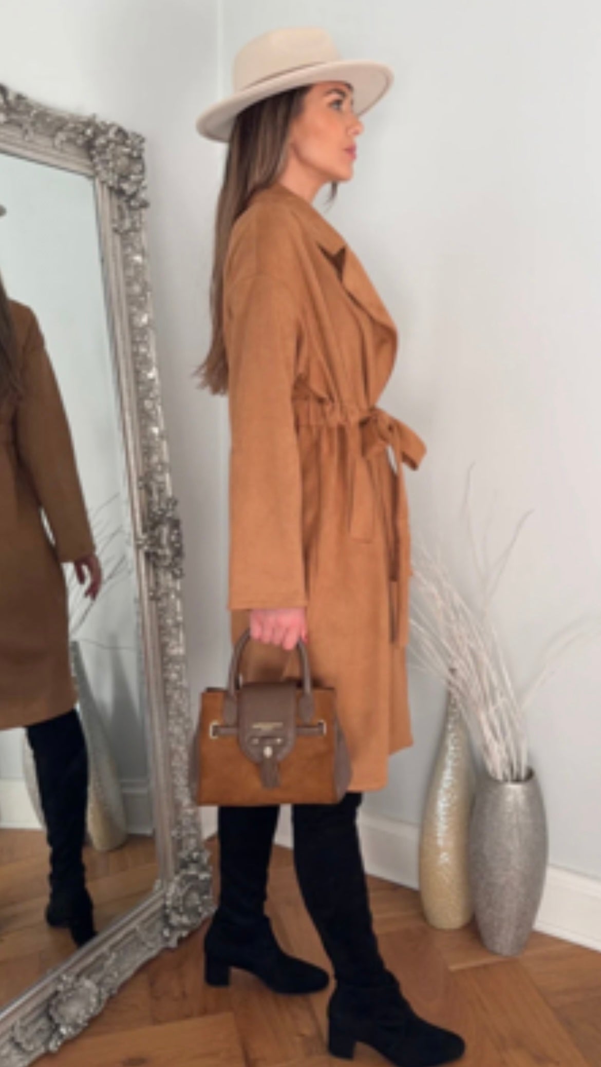 SUEDE WRAP TRENCH COAT IN CAMEL